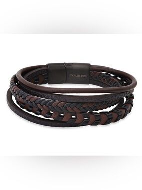 NWT Steeltime Men's Black & Brown Braided Leather Magnetic Bracelet $67 MSRP